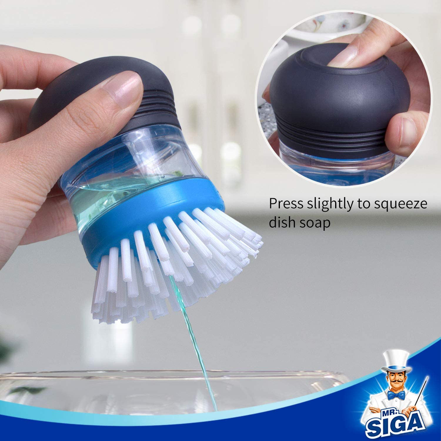 MR.SIGA Soap Dispensing Palm Brush Storage Set, 1 Pack, Navy/Blue | Dish Brush w