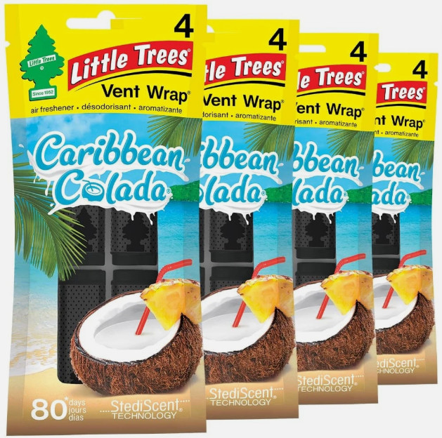 Little Trees Vent Wrap Air Freshener, Caribbean Colada, 4 Packs of 4