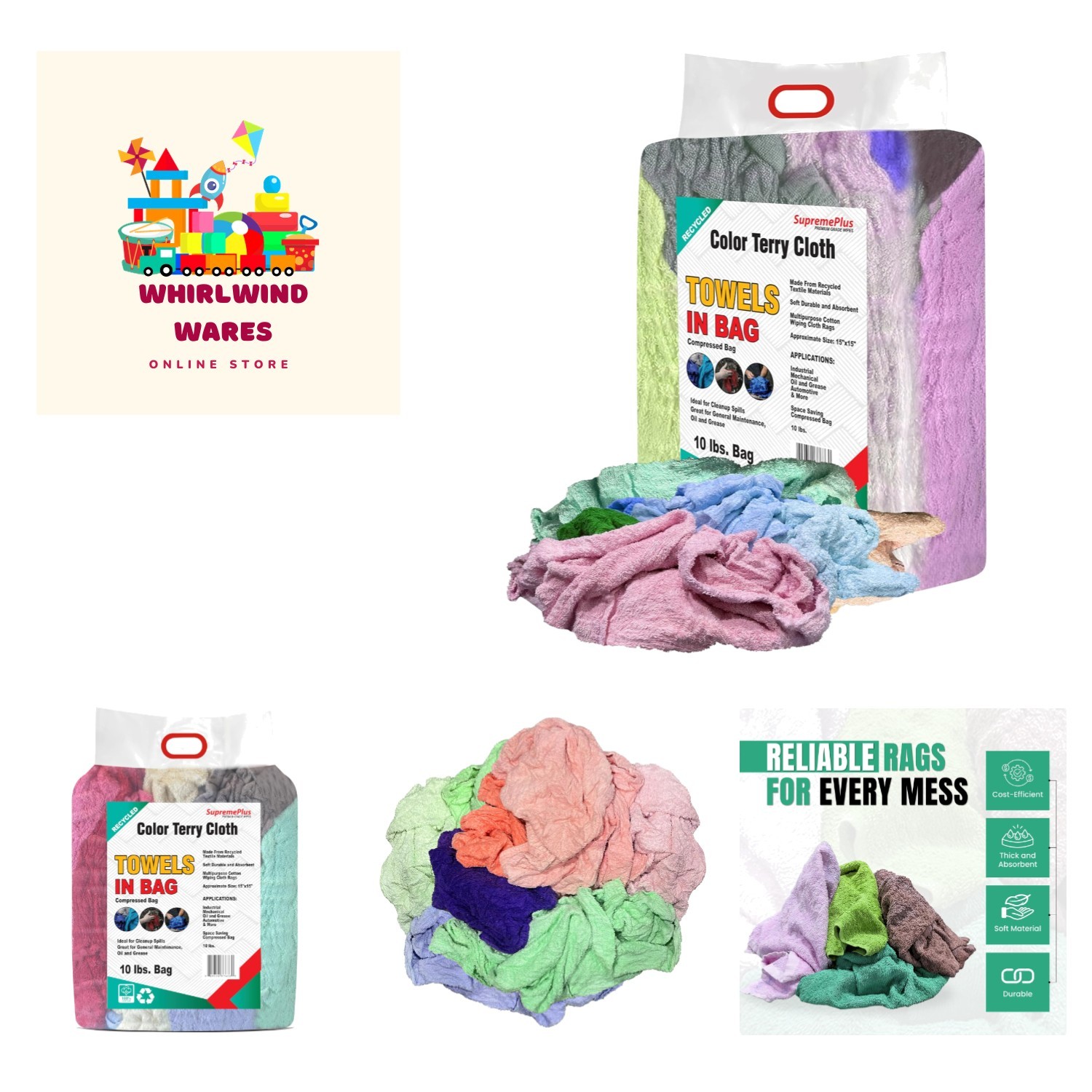 10 lbs Super Absorbent Cotton Terry Rags – Versatile Cleaning Towels in Bulk