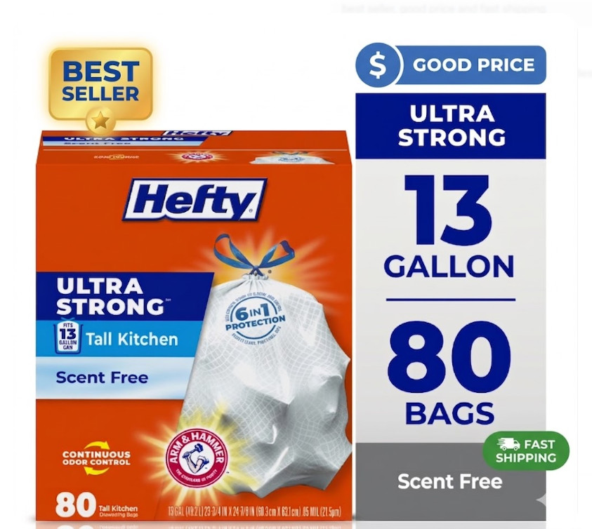 13 Gal Ultra Strong Trash Bags White Unscented Tall Kitchen 80ct Pack