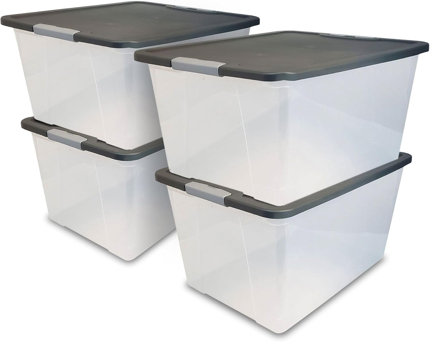 4-Pack Secure Latch, Clear Plastic Storage Organizer Bins, 64 Quart, Gray Lid –