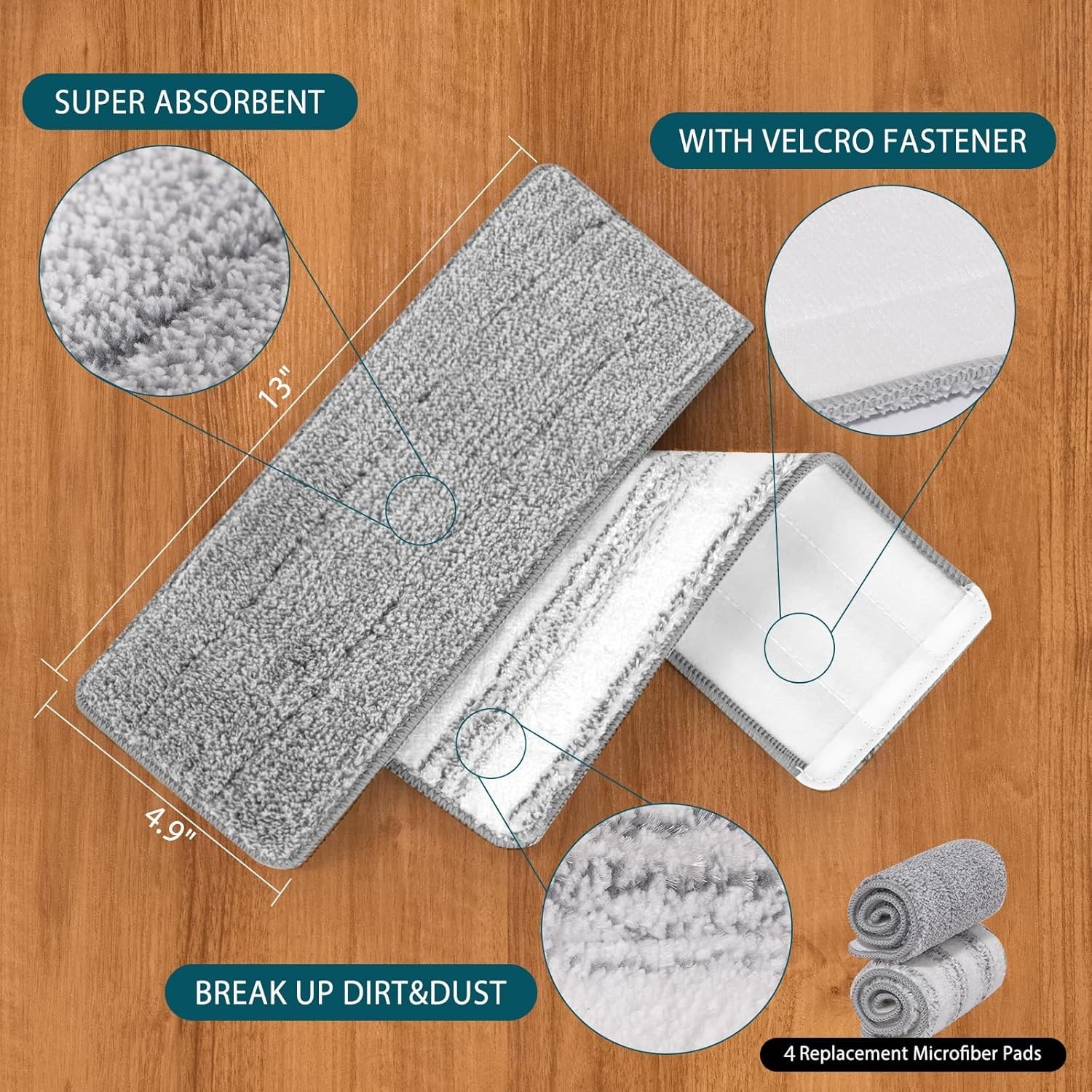 4 Pack Washable Microfiber Mop Replacement Pads for 13” X 4.9” Flat Mops