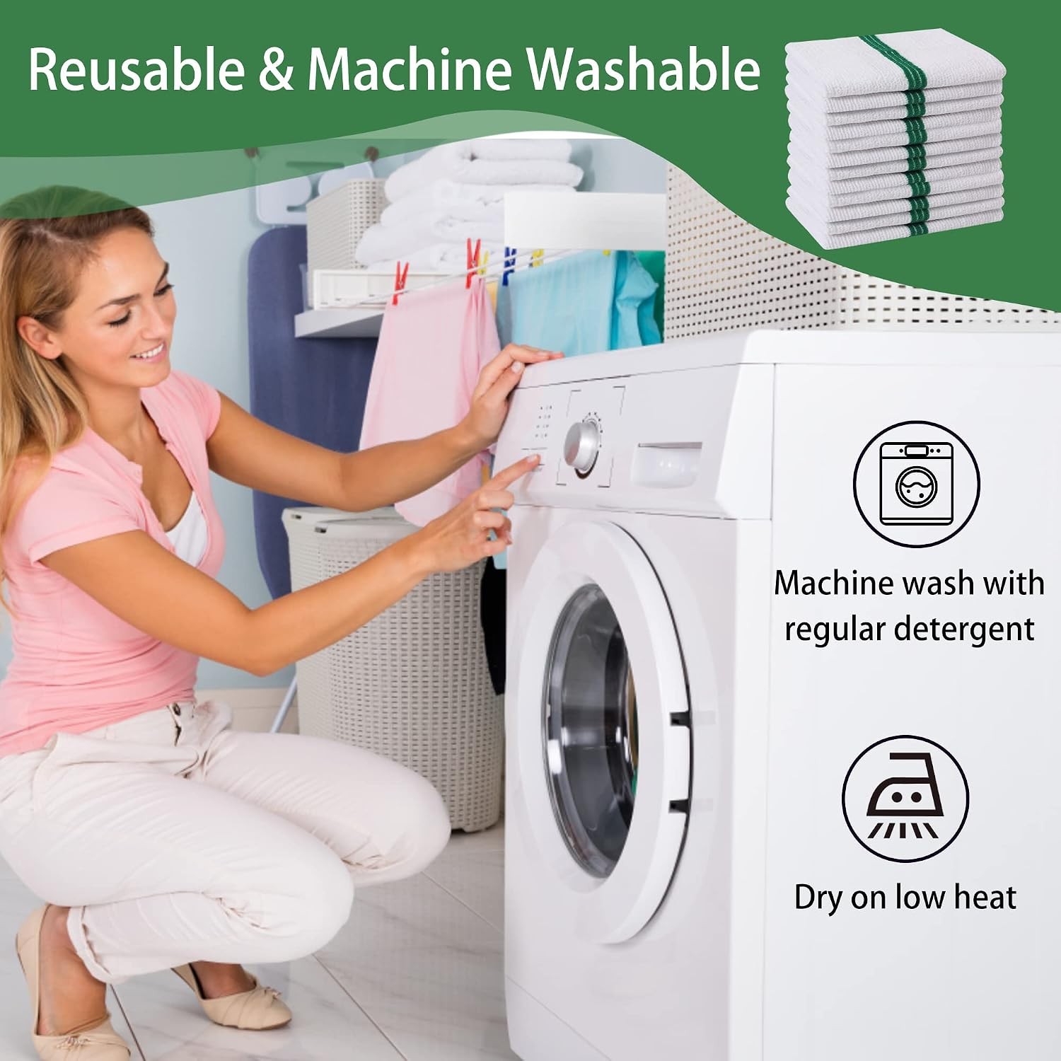 Premium 24 Pack White with Green Stripe Bar Mop Microfiber Towels for Home,