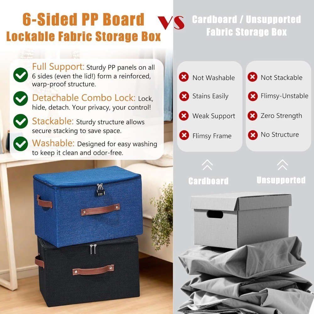 Storage Bins Boxes with Zipper Lid Combination Lock PU Leather Handles Cotton
