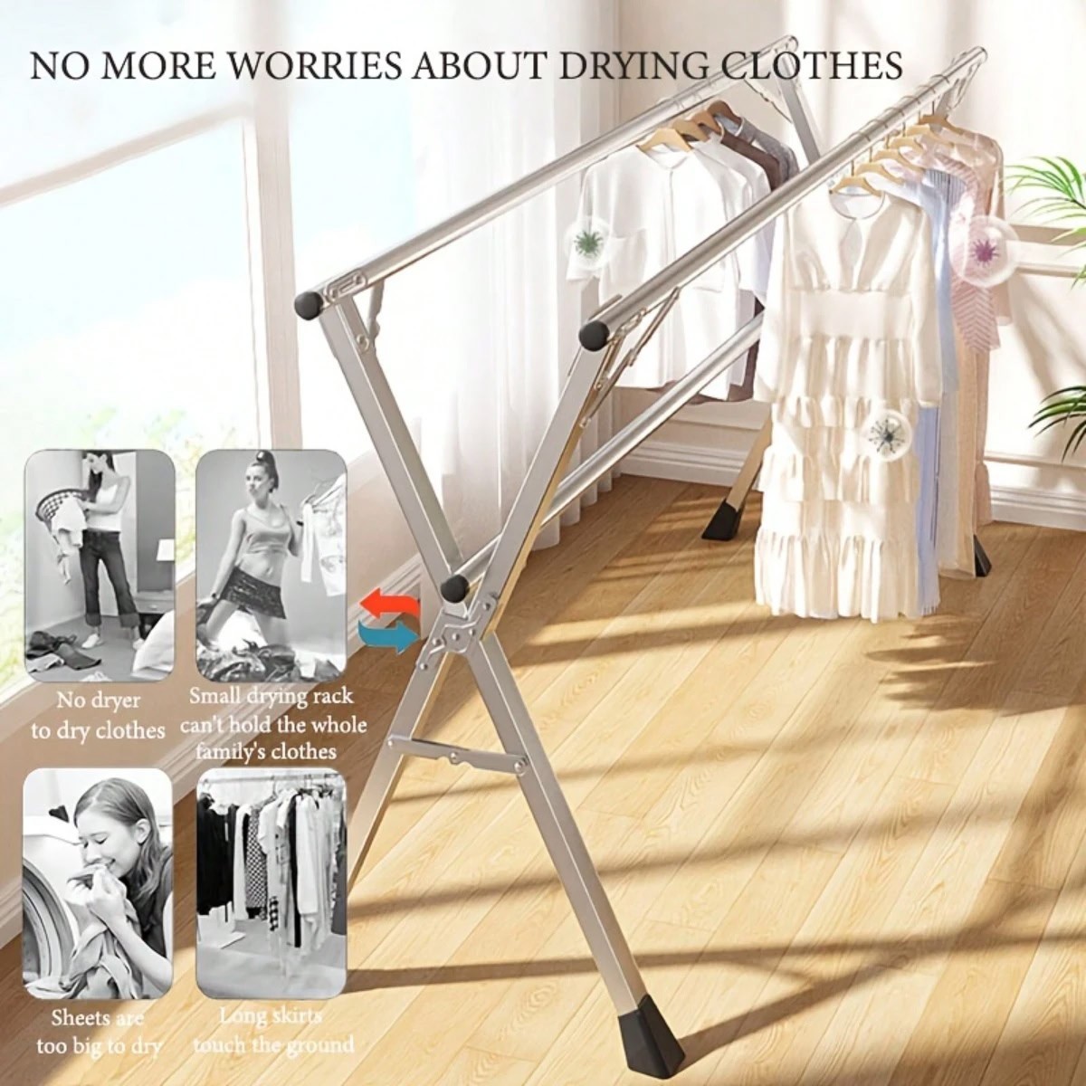 78.7″ Stainless Steel Foldable Clothes Drying Rack Indoor Outdoor