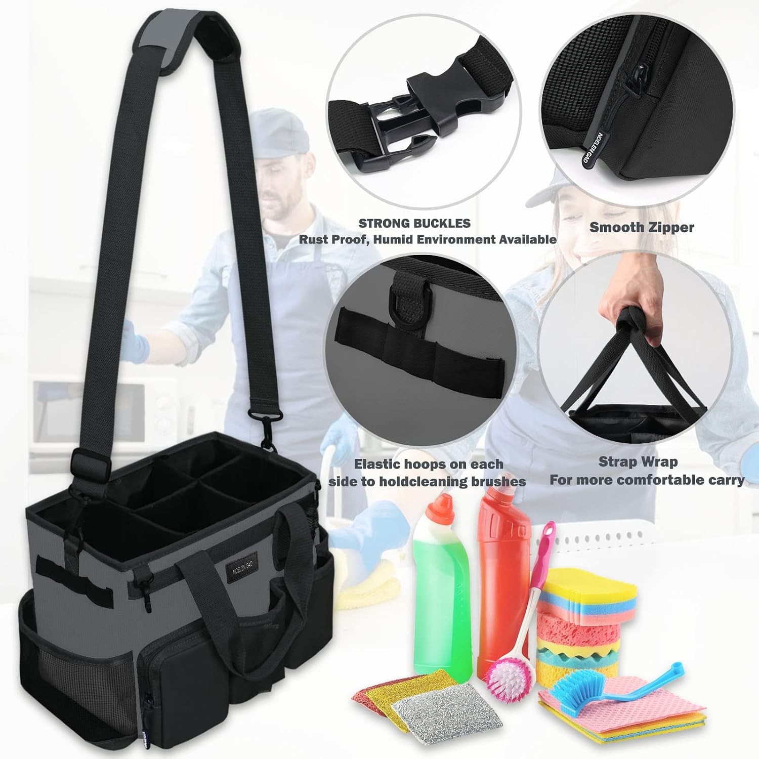Wearable Cleaning Caddy Bag Adjustable Shoulder Waist Straps Grey Large