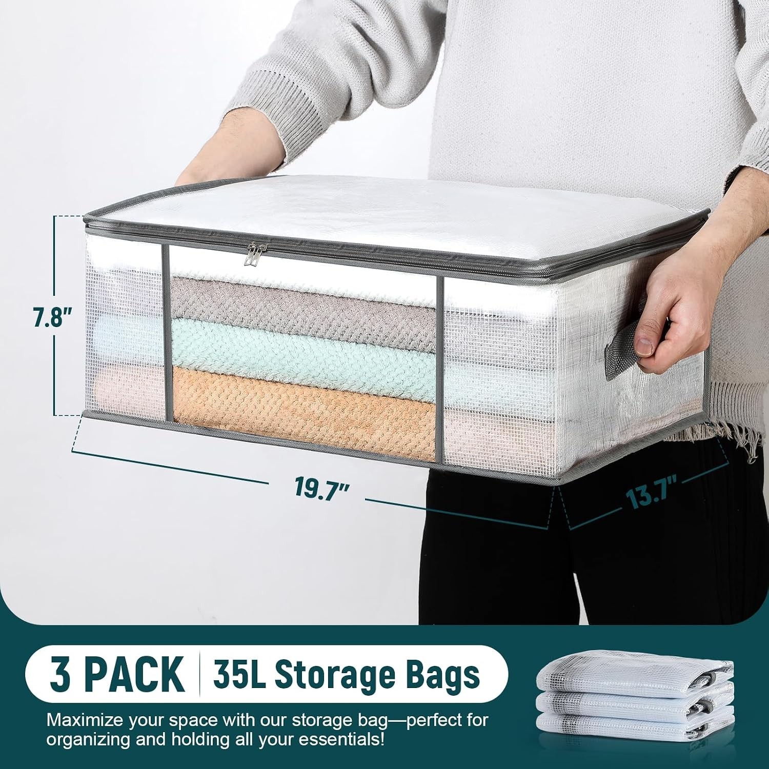 3-Pack Clothes Storage Bags, Plastic Foldable Blanket Storage bins, Closet Or…