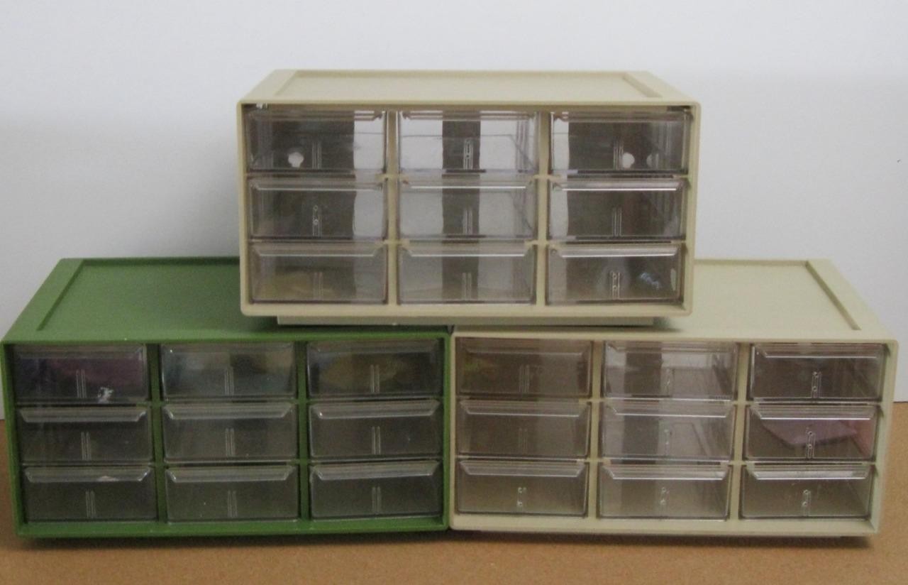 MINT VTg. LOT 3 AKRO-MILS PLASTIC 9 DRAWERS STORAGE ORGANIZER 10-109 Green Beige