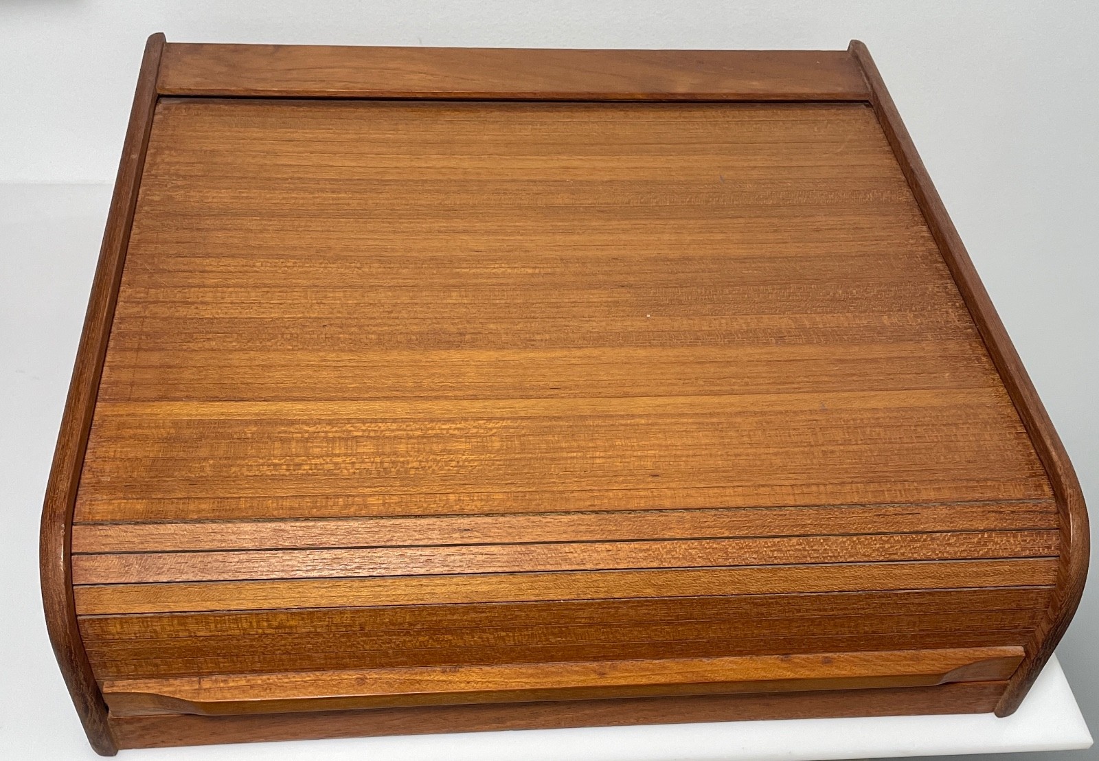 Kalmar Designs Teakwood Tambour Roll Top Storage Box 3 Compartment 14″ X 14 3/4″