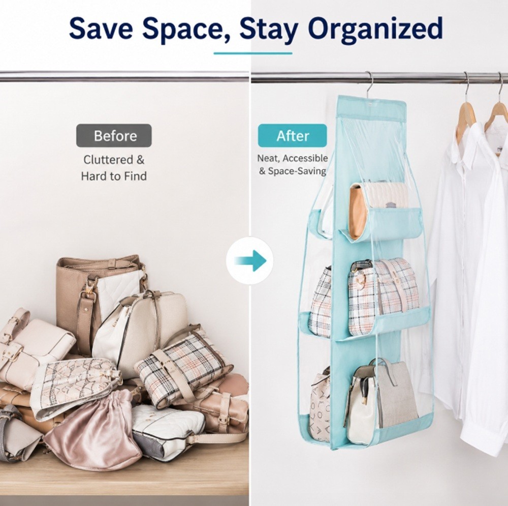 Hanging Handbag Organizer for Wardrobe – 6 Pocket Shelf Bag Storage Holder