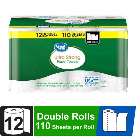 (2 pack) Great Value Ultra Strong Paper Towels, White, 12 Double Rolls, 1320