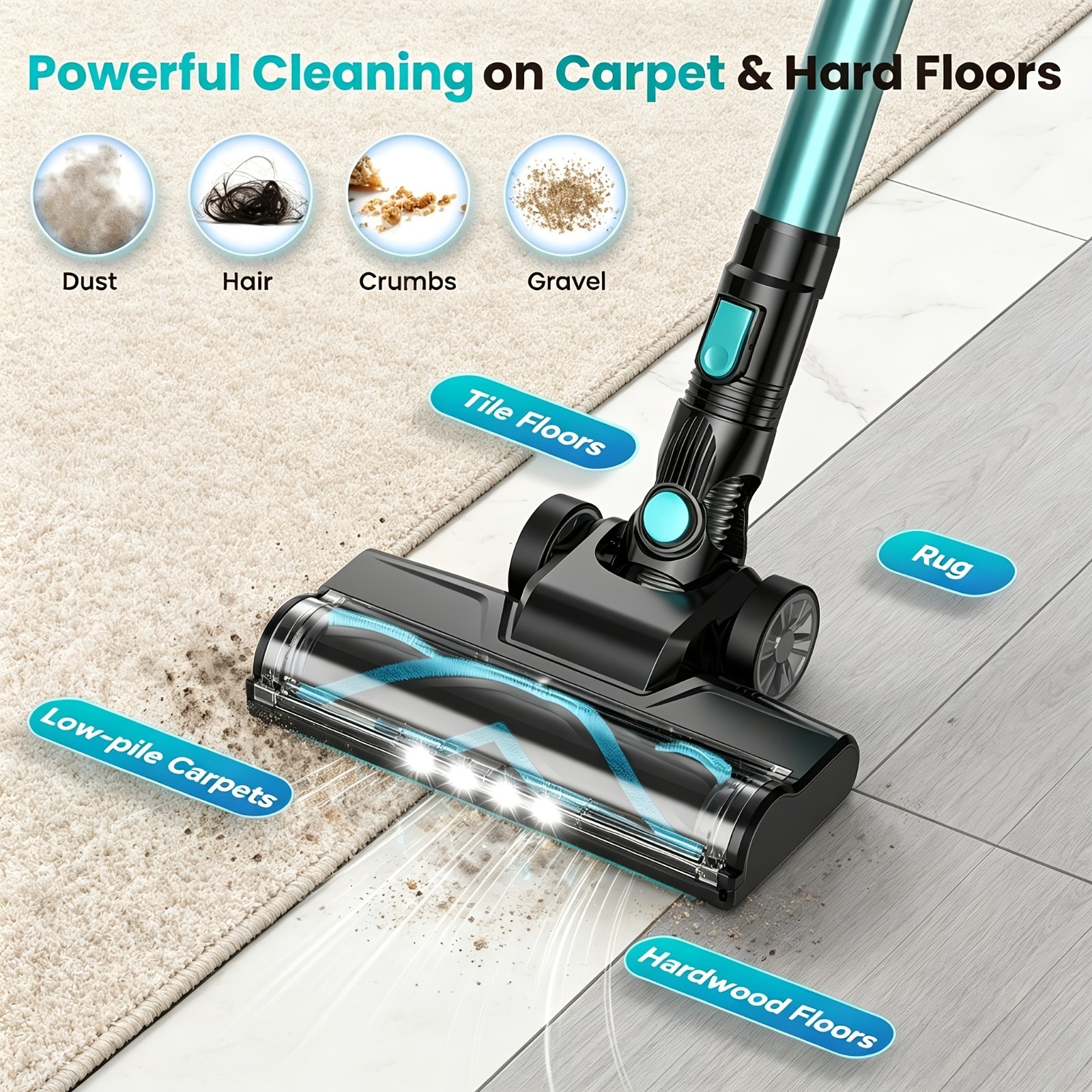 2200mAh POWEART N3 Cordless Vacuum Cleaner for home, Powerful LED Floor Brush Va