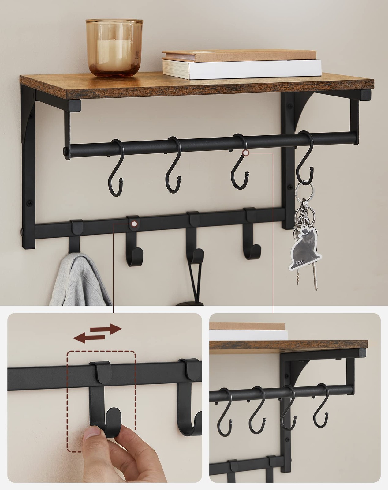 15.7×9.4×9.4 Inch Rustic Brown Wall Mounted Coat Rack Shelf With 8 Hooks