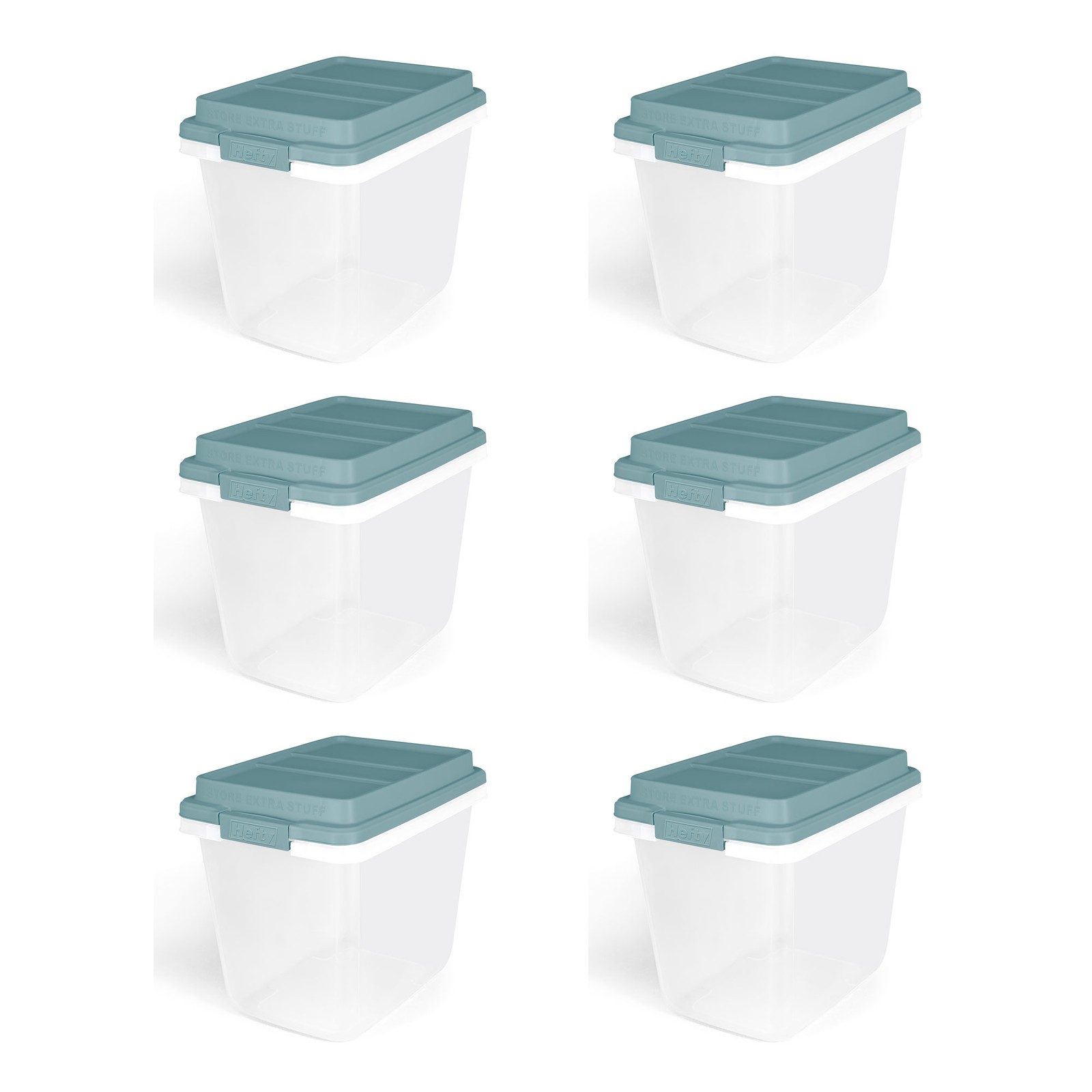 Hefty 6Pk 32Qt Lift Off Stackable Plastic Storage Bin and Lid, Clear/Gray (Used)