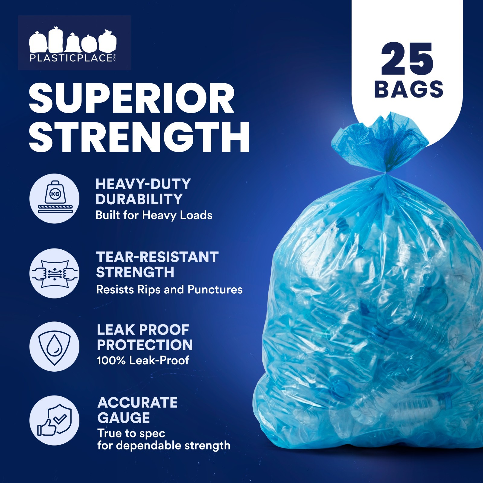 Plasticplace 95-96 Gallon Blue Recycling Bags, 25 Count