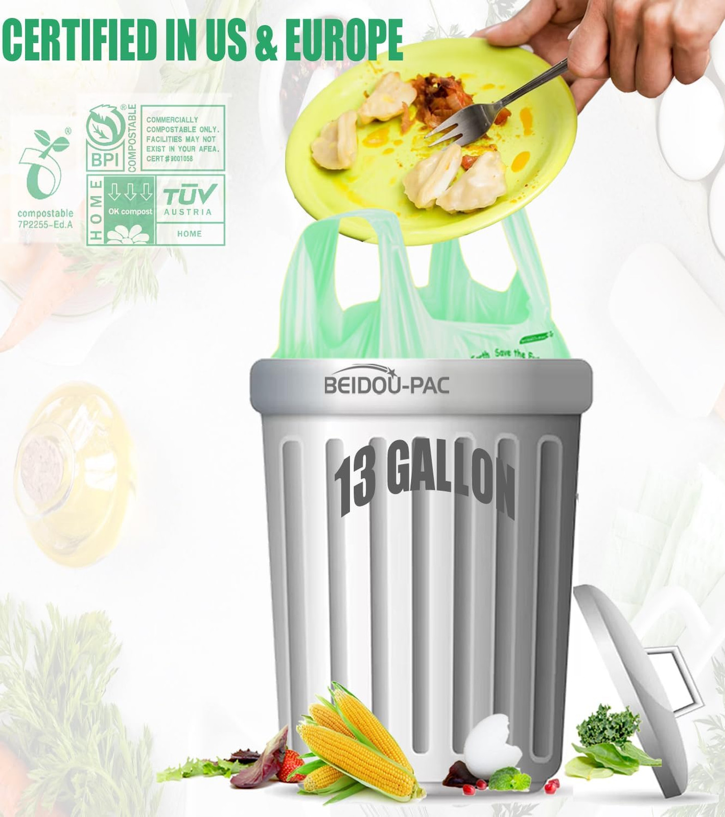 13 Gallon Compostable Trash Bags with Handles, 50 Count, Food Scrap Waste, ASTM