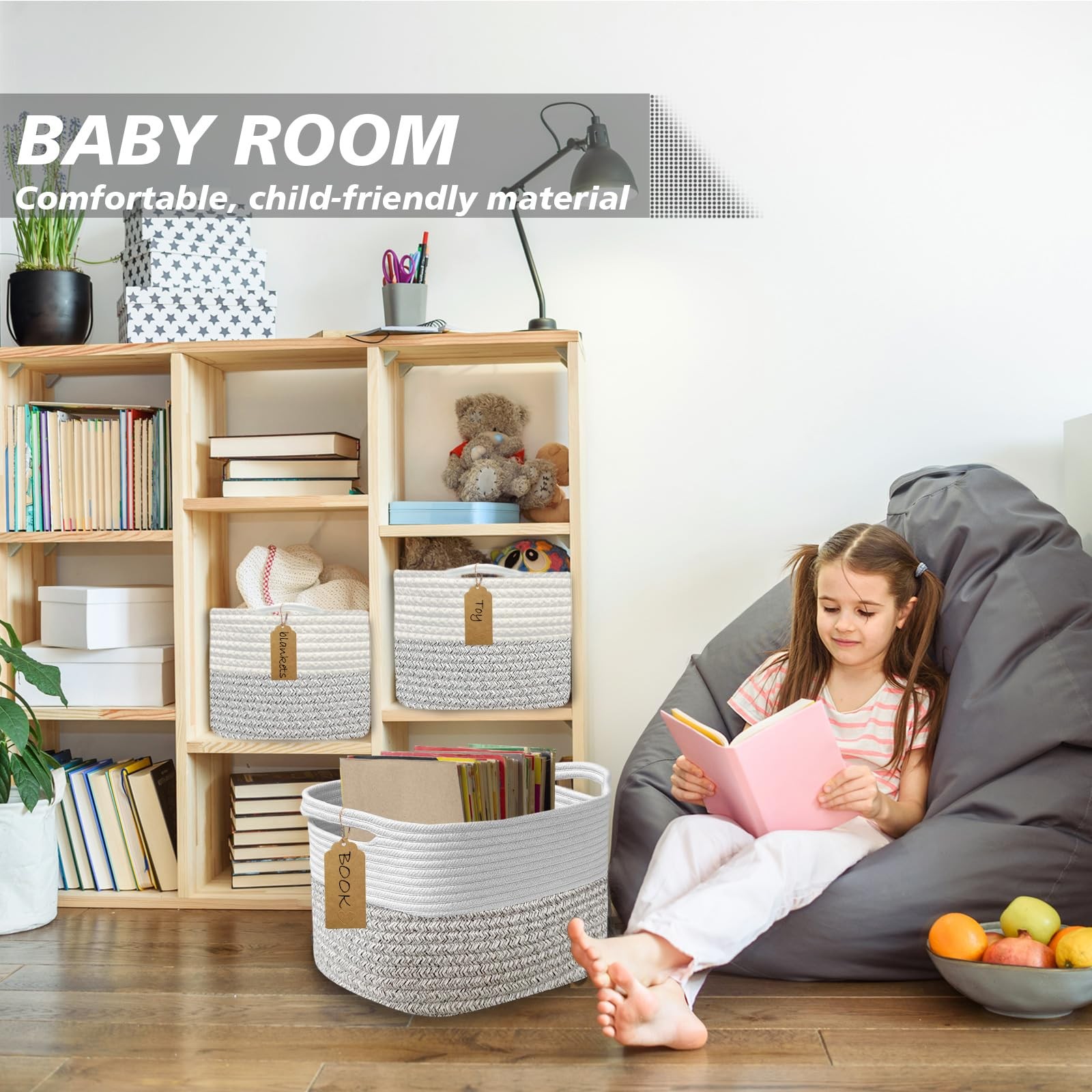 1 PCS Woven Storage Basket Cotton Rope Closet White Grey 13.4×9.3×9.5 Inch