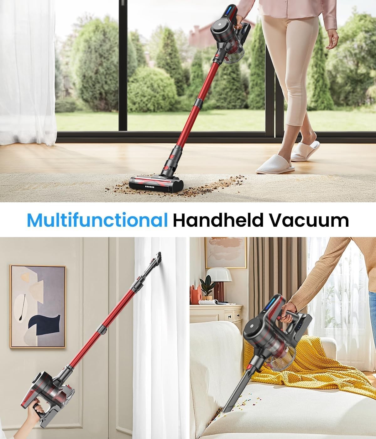 CHEBIO Cordless Vacuum Cleaner, Stick Vacuum with Powerful Suction, 45Mins Ru
