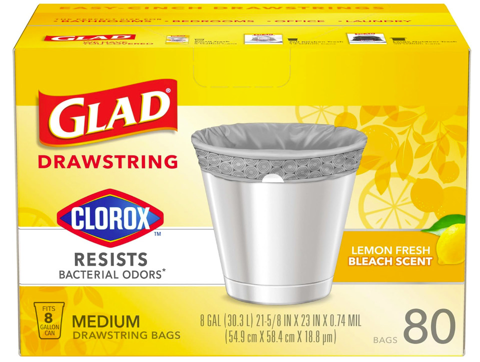 Glad Medium Drawstring Trash Bags with Clorox, 8 Gallon, Lemon Fresh Bleach 80CT