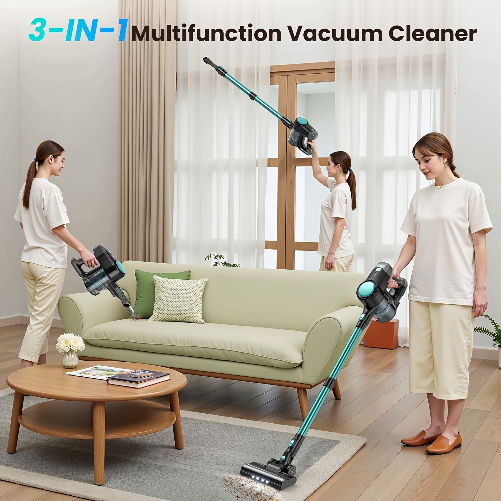 2200mAh POWEART N3 Cordless Vacuum Cleaner for home, Powerful LED Floor Brush Va