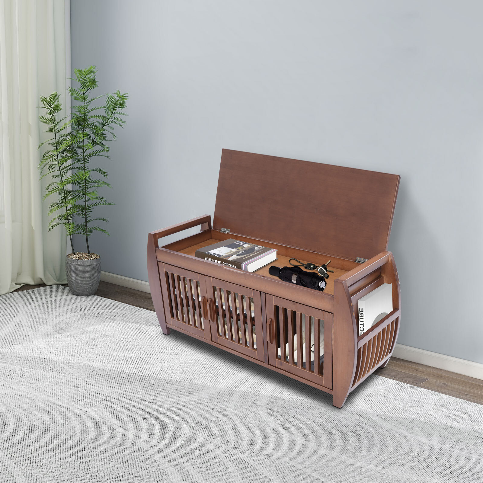 Bamboo Shoe Storage Bench With Cushion & Hidden Storage, 150kg Capacity