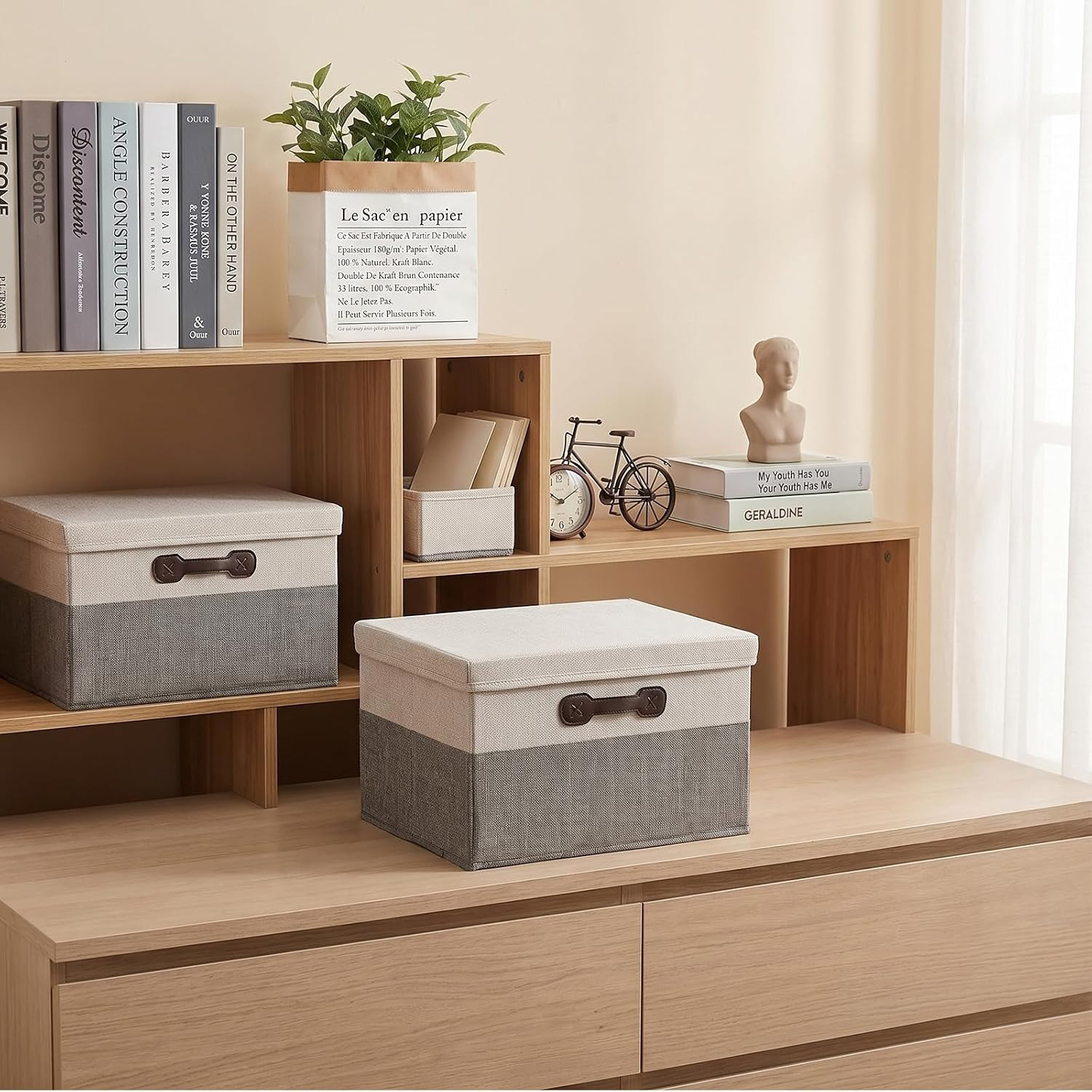 Large Foldable Storage Bins with Lids – 2 Pack Fabric Organizers in White & Gray