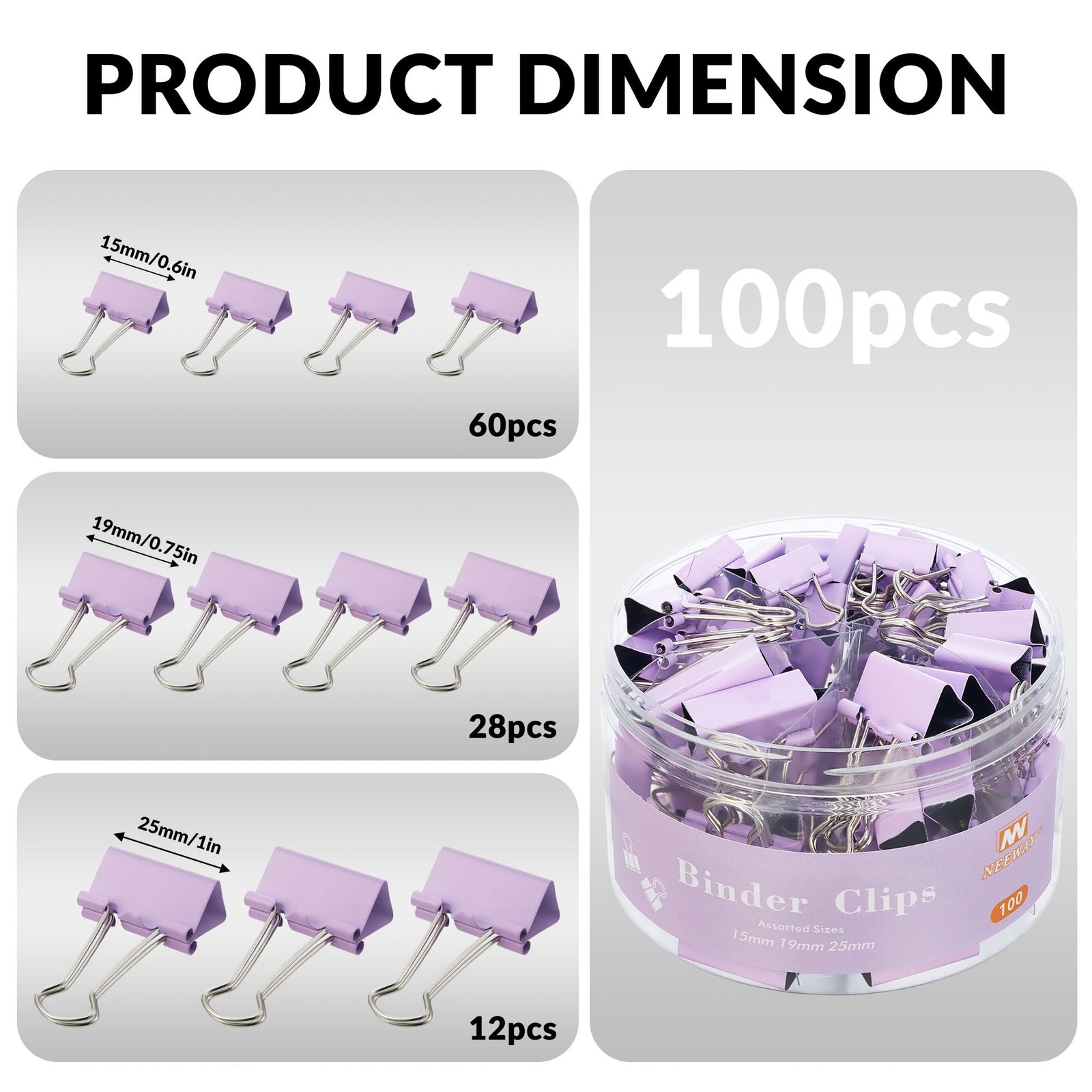 NEEWAY 100 Count Binder Clips Assorted 0.6inch, 0.75inch, 1inch, Purple