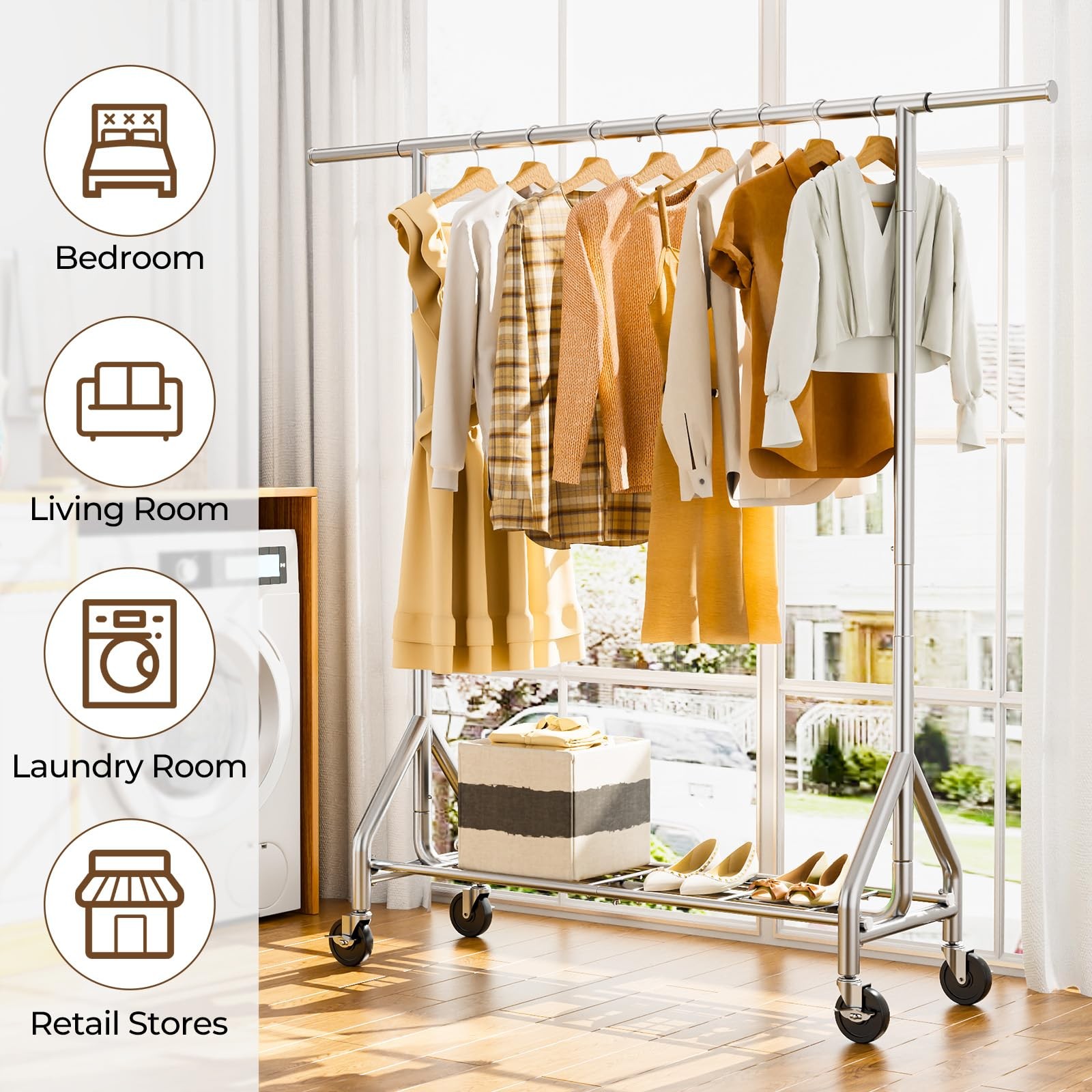 Heavy Duty Clothes Rack Load 450 LBS, Metal Garment Rack, Standing Rolling Cl…