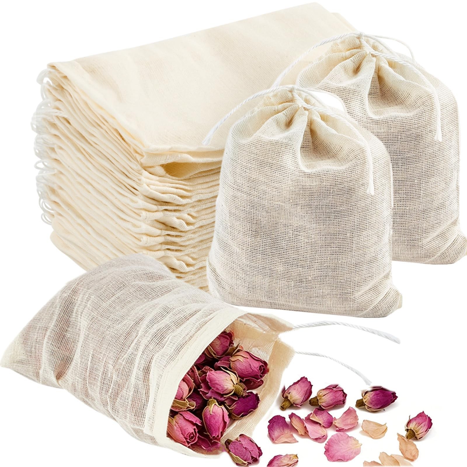 TUZAZO 50 Pcs Muslin Bags with Drawstring 3 x 3×4 inch, 50 pcs, Nature color