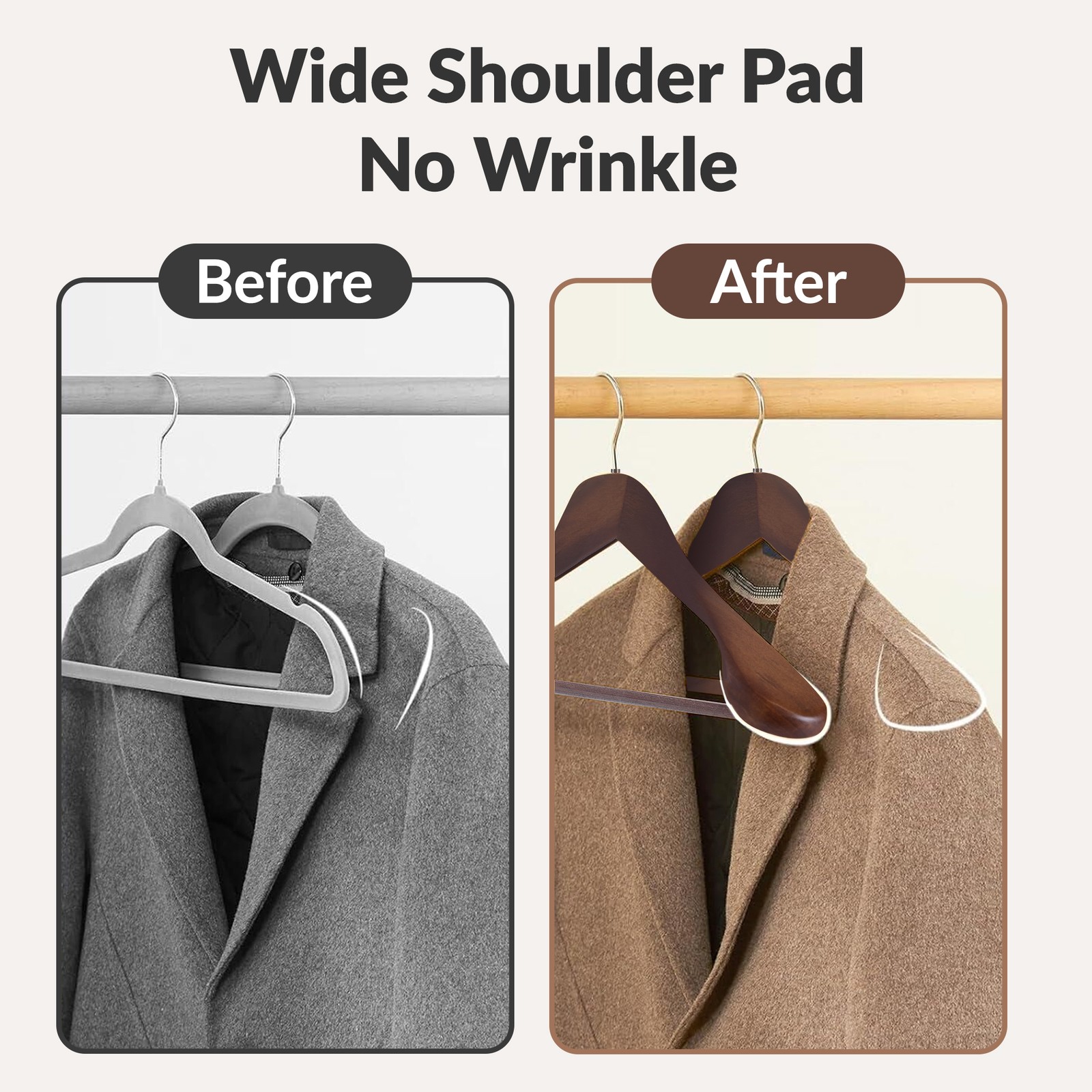 24/48Pcs Wide Shoulder Solid Wood Hangers w/ Non Slip Pants Bar Smooth Finish