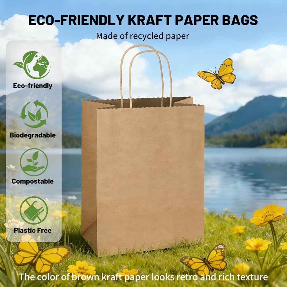 200 Pack Medium Brown Kraft Paper Gift Bags 8×4.75×10 Inch With Handles