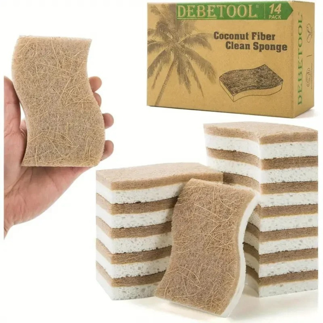 Natural Coconut Fiber Kitchen Sponge Cellulose Scrubber Dish Cleaning Pads Pack