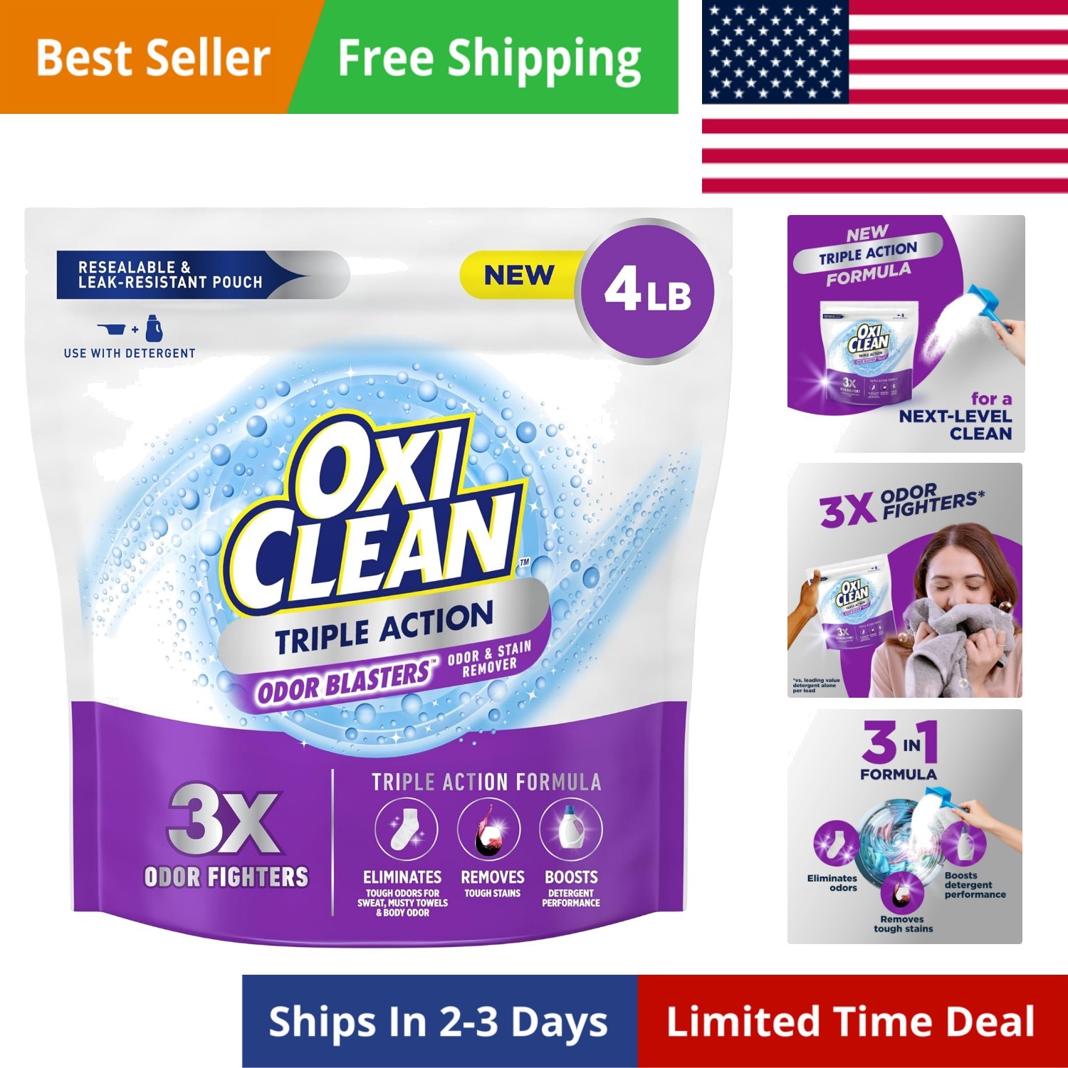 Triple Action Odor and Stain Remover Powder, Use with Detergent, Eliminates T…