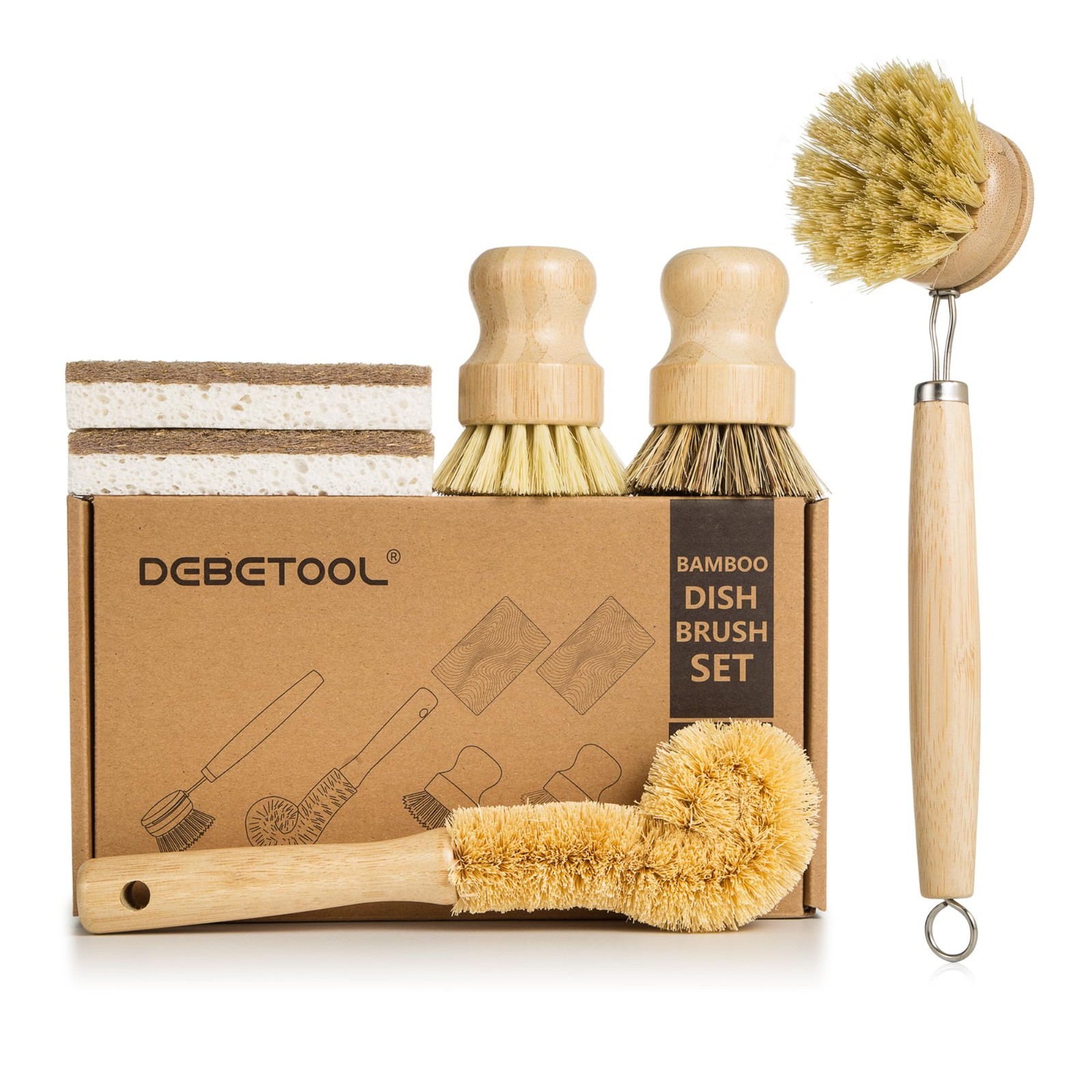 6-Piece Bamboo Dish Brush Set | Natural Coconut Sponge & Sisal Scrub Brushes for
