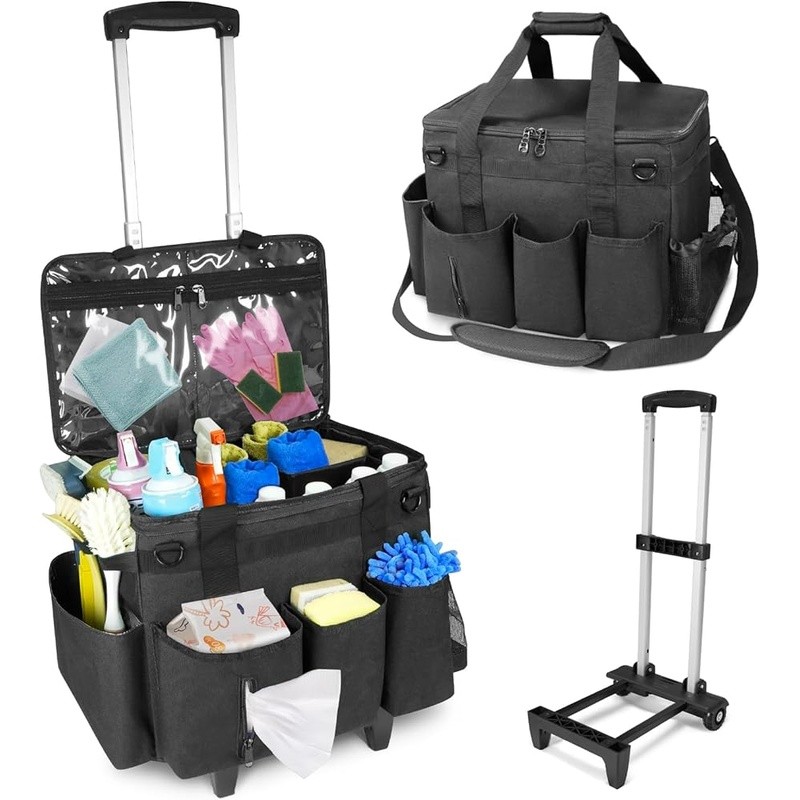 Rolling Cleaning Caddy Bag with Detachable Trolley & Lid Portable Large Bag