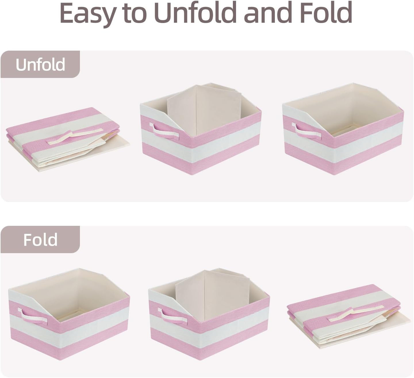 Trapezoid Fabric Storage Bins, 4 Pack, Pink/White, Collapsible with Handles