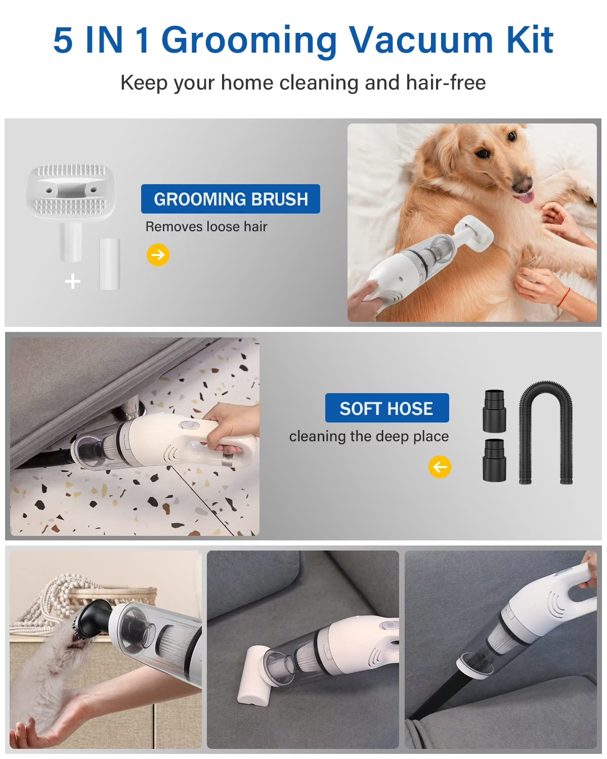 5-In-1 Handheld Pet Hair Vacuum & Grooming Brush, Low Noise Pet Vacuum for Shedd