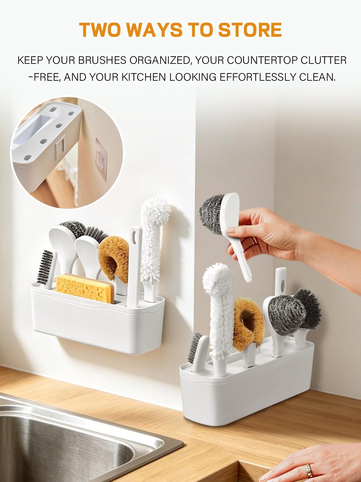 7 Pack Kitchen Cleaning Dish Brush Set with Storage Box for Pan Bottle White