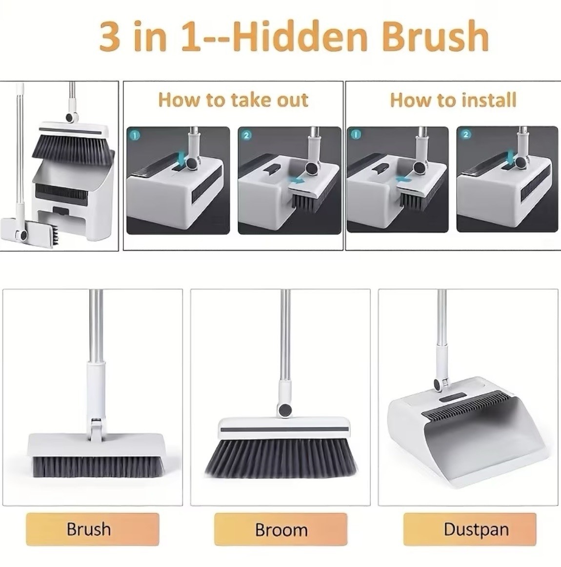 3-in-1 Long Handle Broom Dustpan Set Floor Brush Upright Home Cleaning Kit