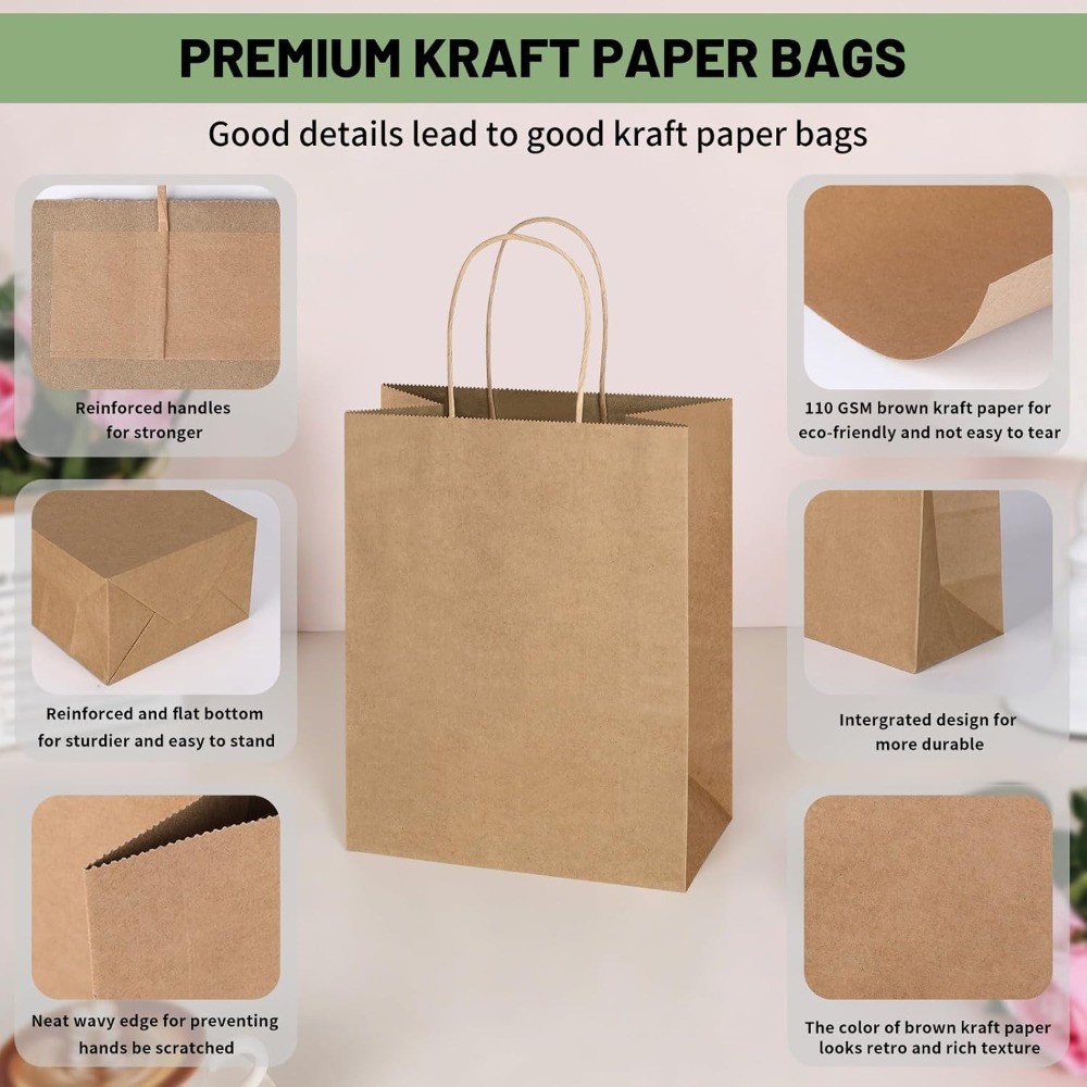 200 Pack Medium Brown Kraft Paper Gift Bags 8×4.75×10 Inch With Handles
