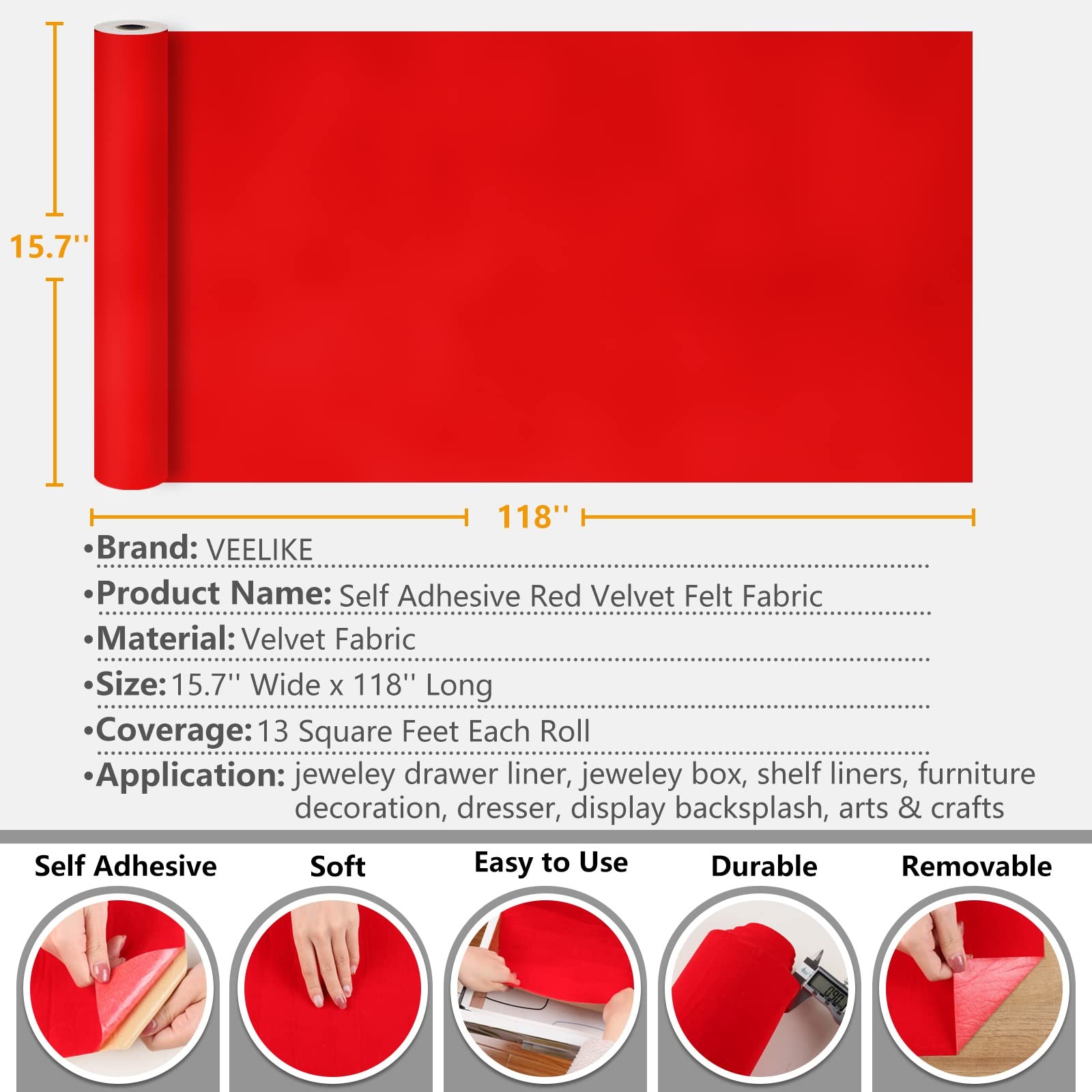 VEELIKE Bright Red Velvet Flocking Liner Self Adhesive 15.7″W x 118″L,