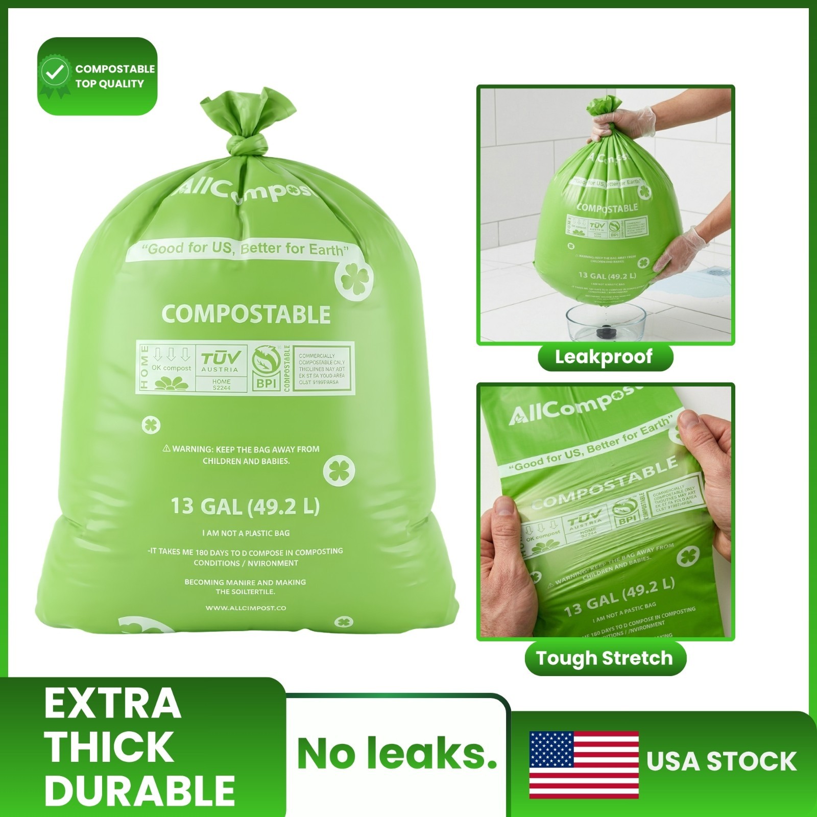 Compostable Trash Bags 13 Gallon / 49.2 Liter, 50 Count AllCompost