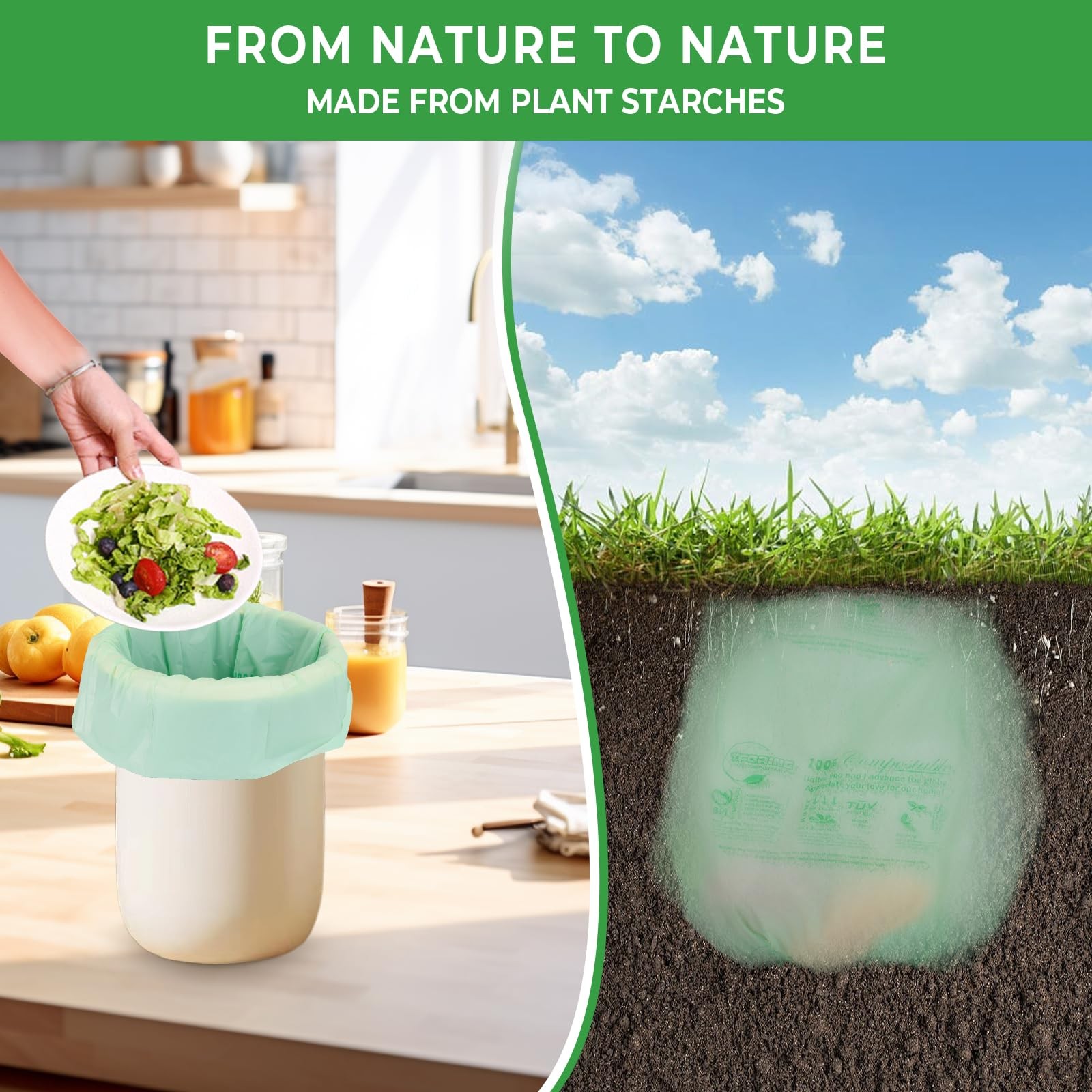 Compostable Trash Bags, 3-4 Gallon, 15 L, Extra Thick 0.8 Mil, Small Kitchen …