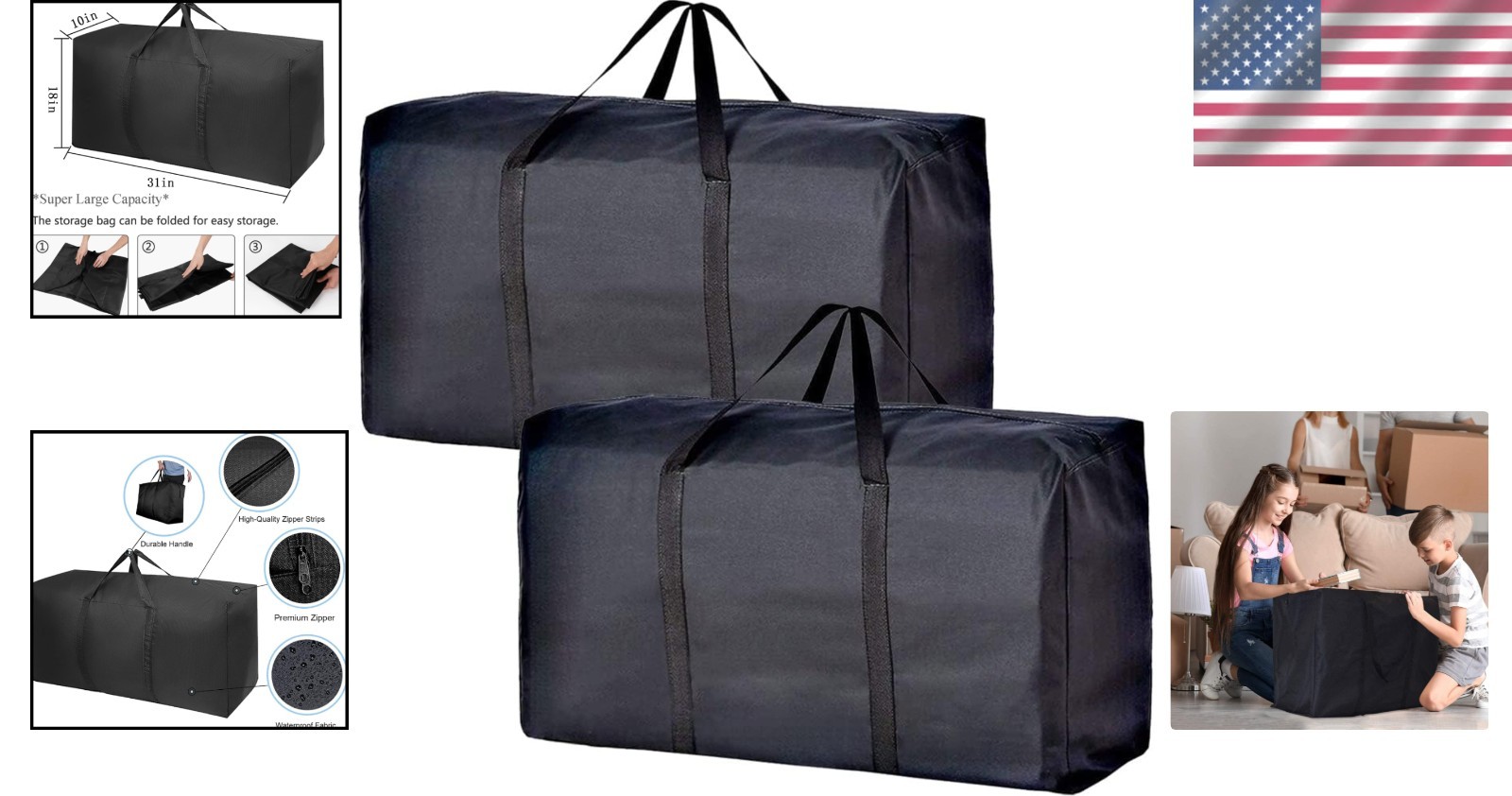 Sturdy 2-Pack Extra Large Moving Bags w/ Zippers & Handles for Safe Transport