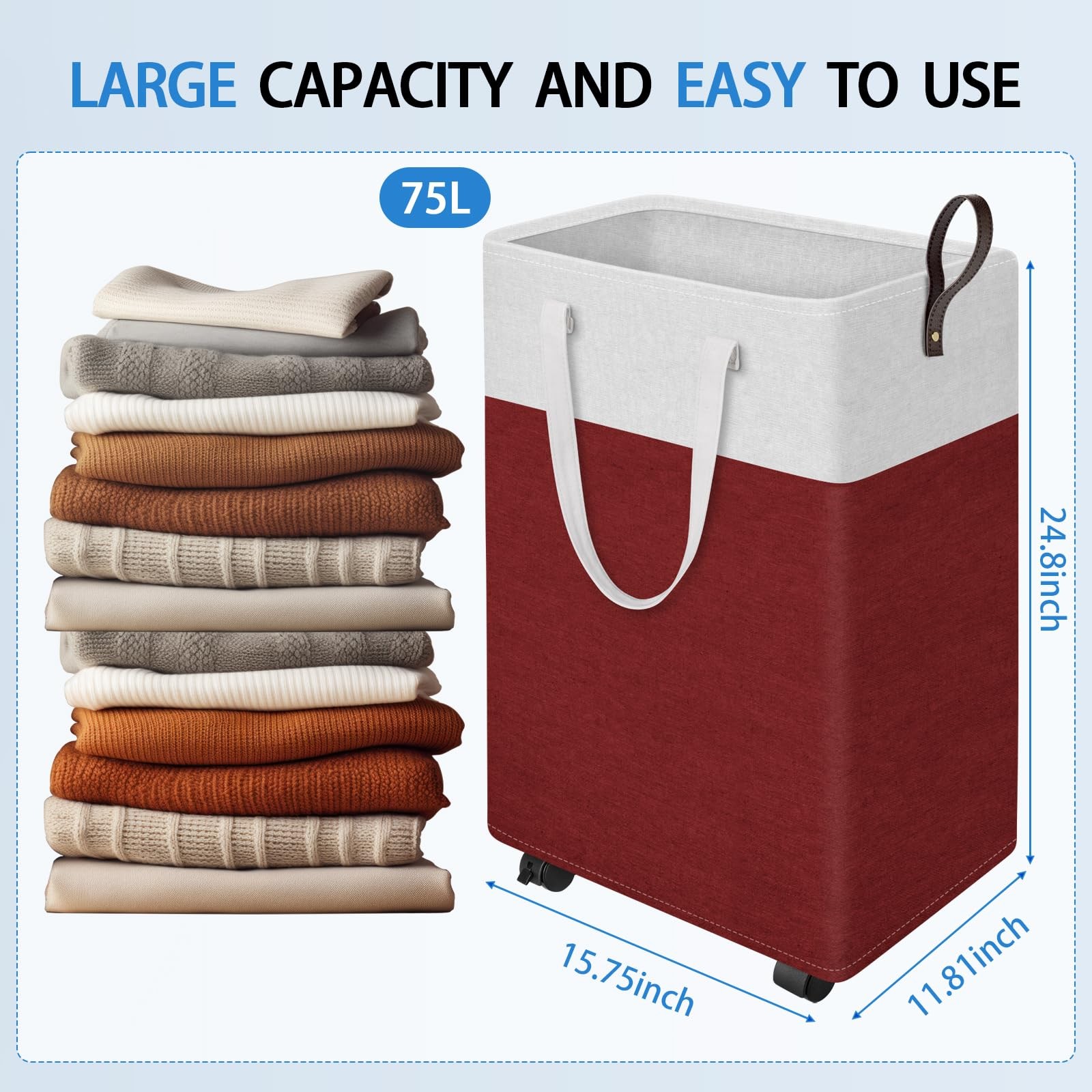 75L Rolling Laundry Basket with Wheels, Collapsible & Waterproof Laundry Hamp…