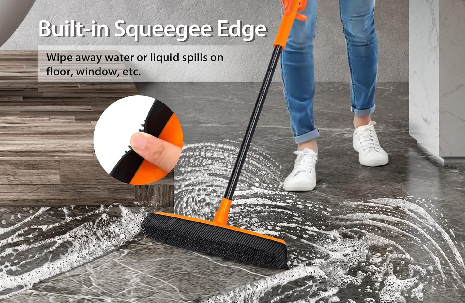 Rubber Broom Carpet Rake for Pet Hair Remover, Fur Removal with Squeegee, Portab