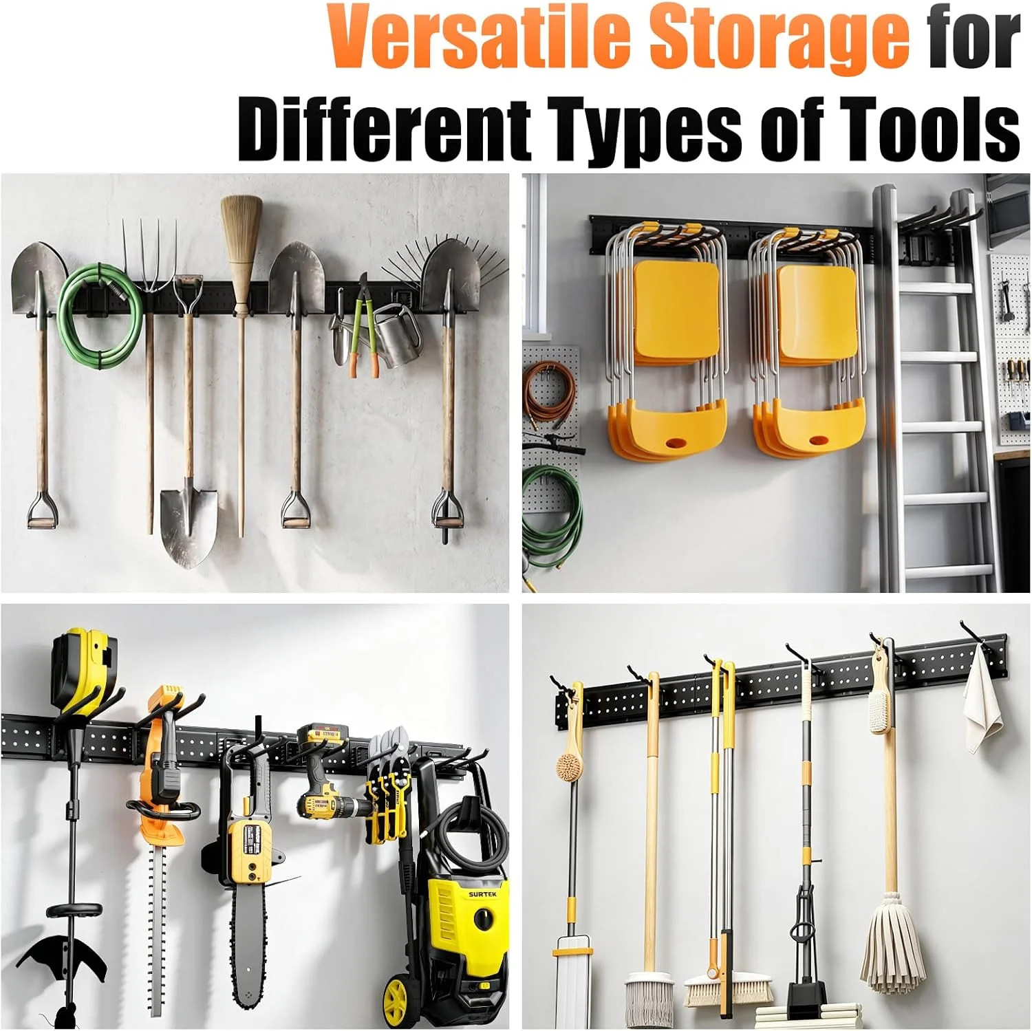 Garage Tool Organizer Wall Mount 66 inches with 13 Adjustable Heavy-Duty Hooks,