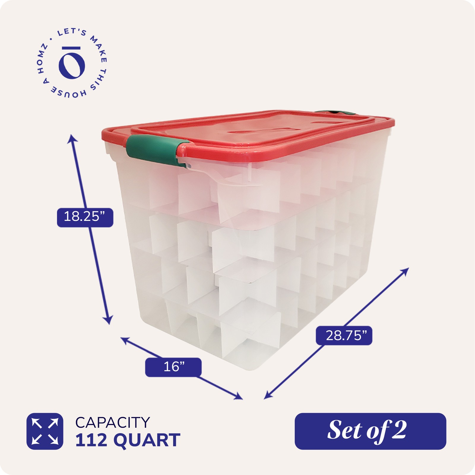 HOMZ 112-Quart Holiday Clear Plastic Ornament Storage, Red/Green, 2 Pack