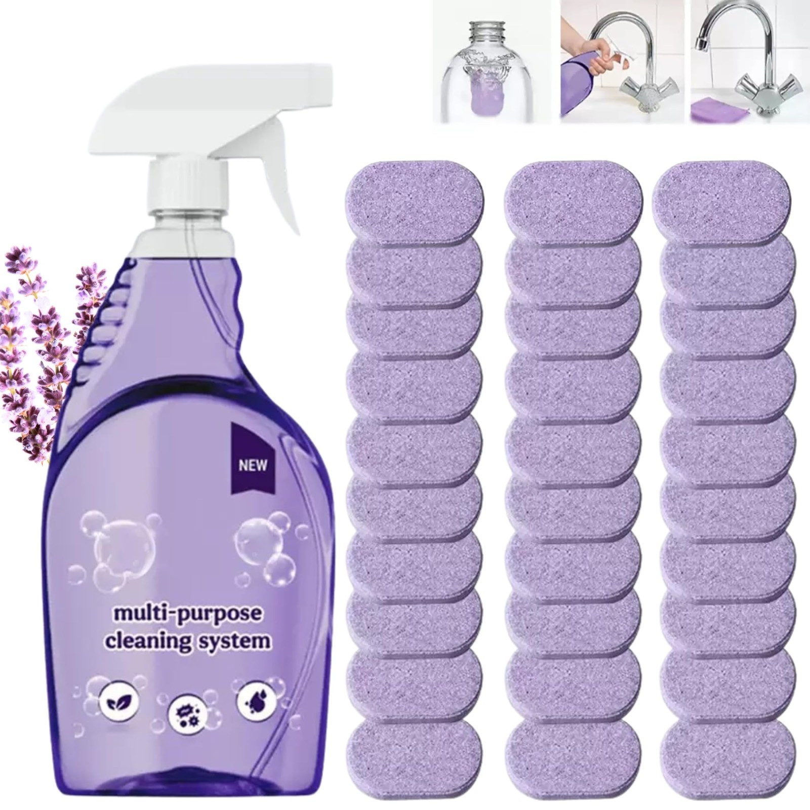 All-in-One Multi-Surface Cleaner Spray with Stain Removal Tablets – 1 Bottle + 3