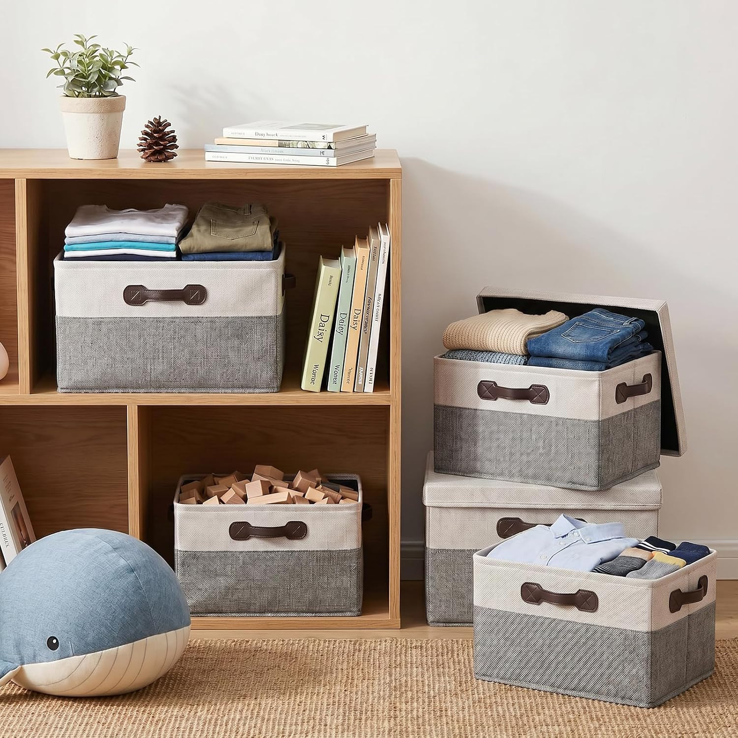 Large Foldable Storage Bins with Lids – 2 Pack Fabric Organizers in White & Gray